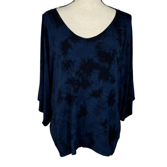Tahari Medium Top Tie-Dye 3/4 Dolman Sleeves Stretch V-Neck Hi-Low Hem Navy Blue - Picture 1 of 9